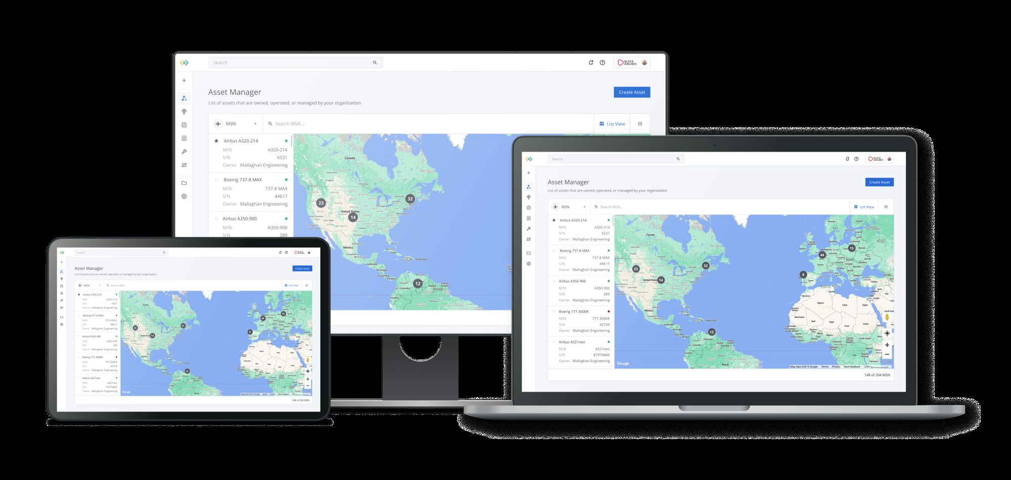 Block Aero Asset Manager on desktop, laptop, and tablet showing fleet map and aircraft asset listings