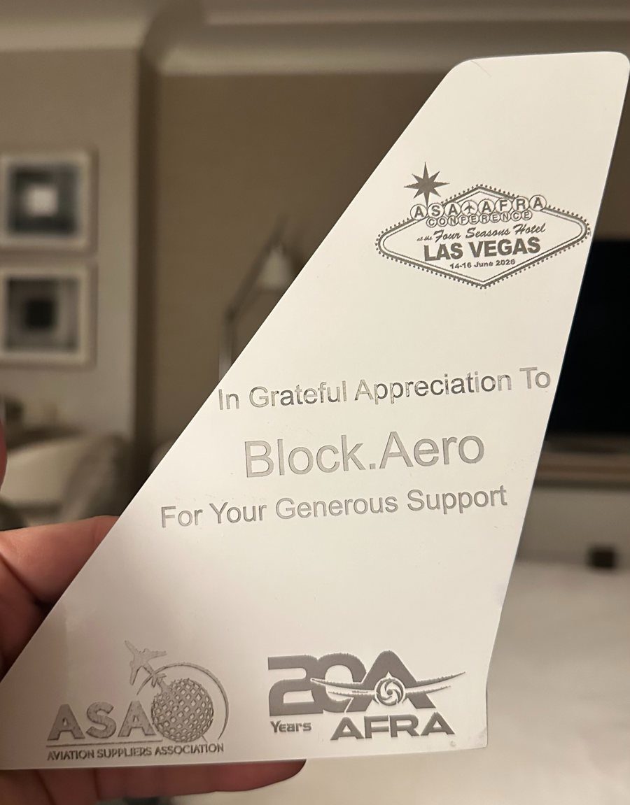 Engraved aircraft tail plaque from ASA and AFRA thanking Block Aero for its support of the 2026 conference