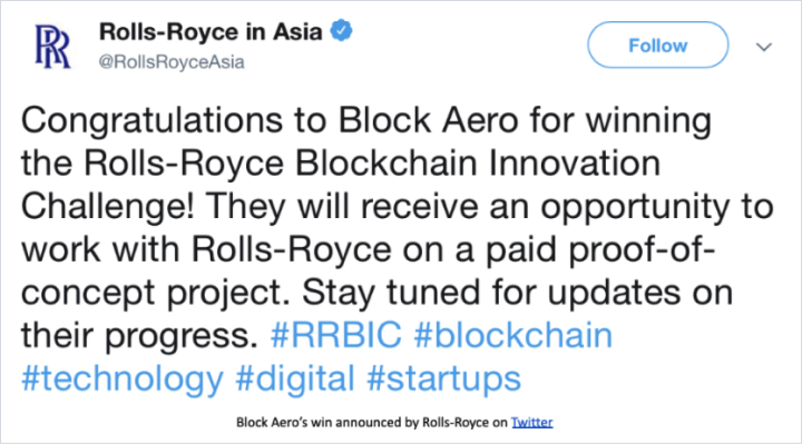 Rolls-Royce social post recognizing Block Aero innovation award
