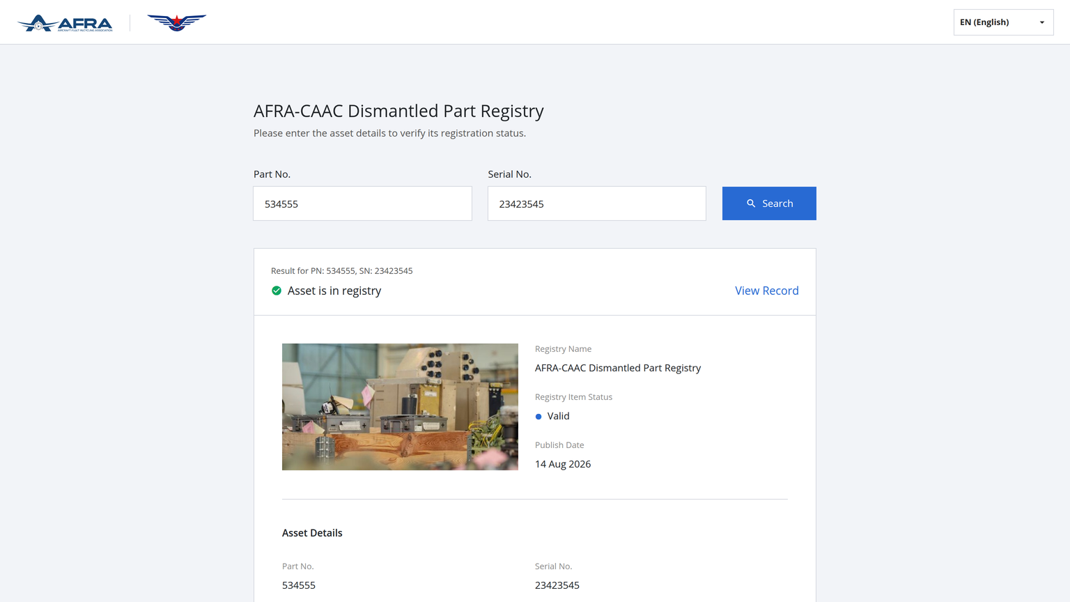 AFRA-CAAC Dismantled Part Registry public portal showing a part number and serial number search returning a verified result: asset is in registry with Valid status, equipment photo, registry name, and publish date