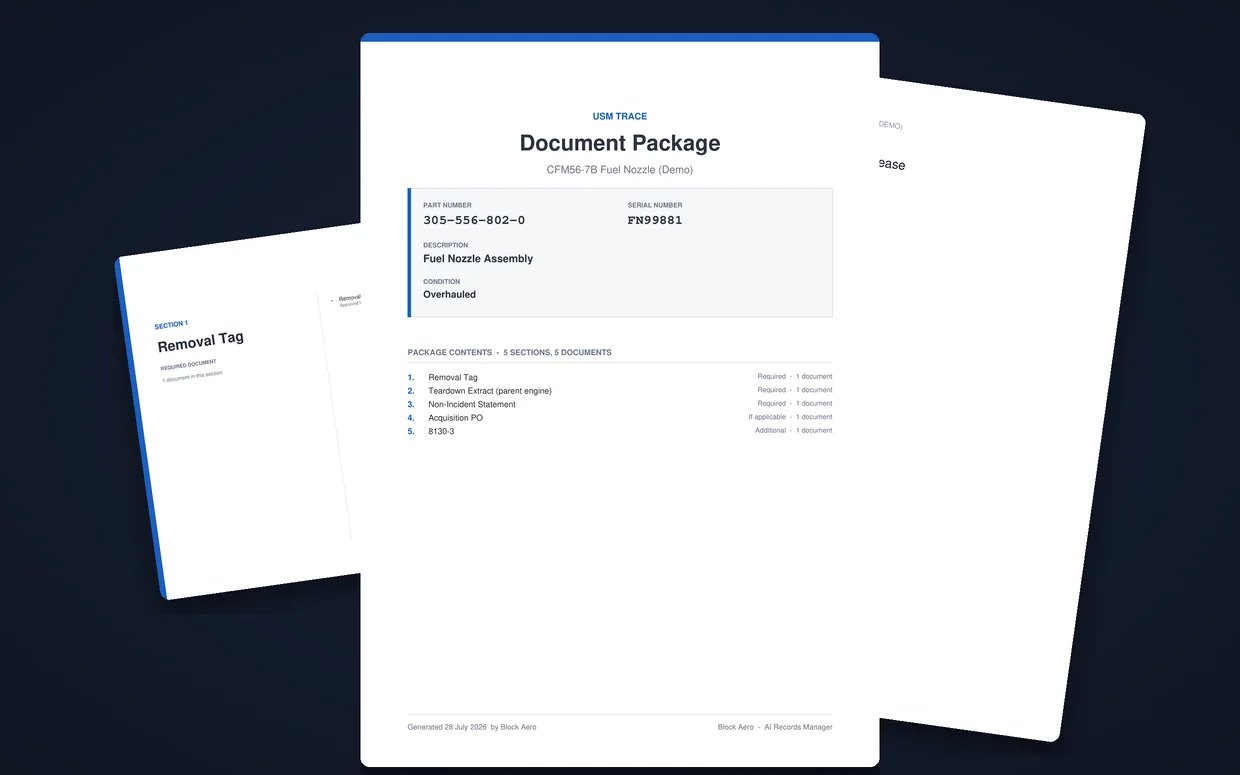 Sample USM trace document package: cover, section divider, and an 8130-3 release page