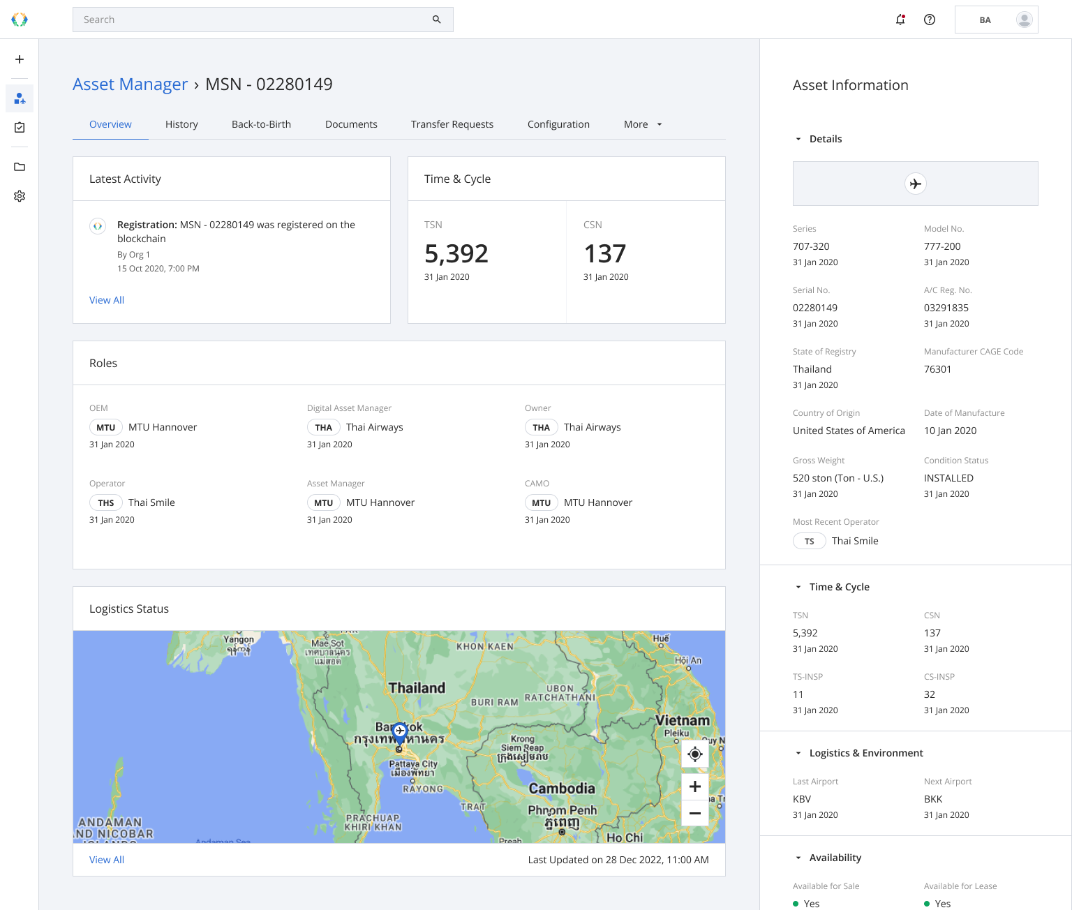 Asset Manager overview for an aircraft MSN in Block Aero, showing roles, time and cycles, logistics status, and digital passport details