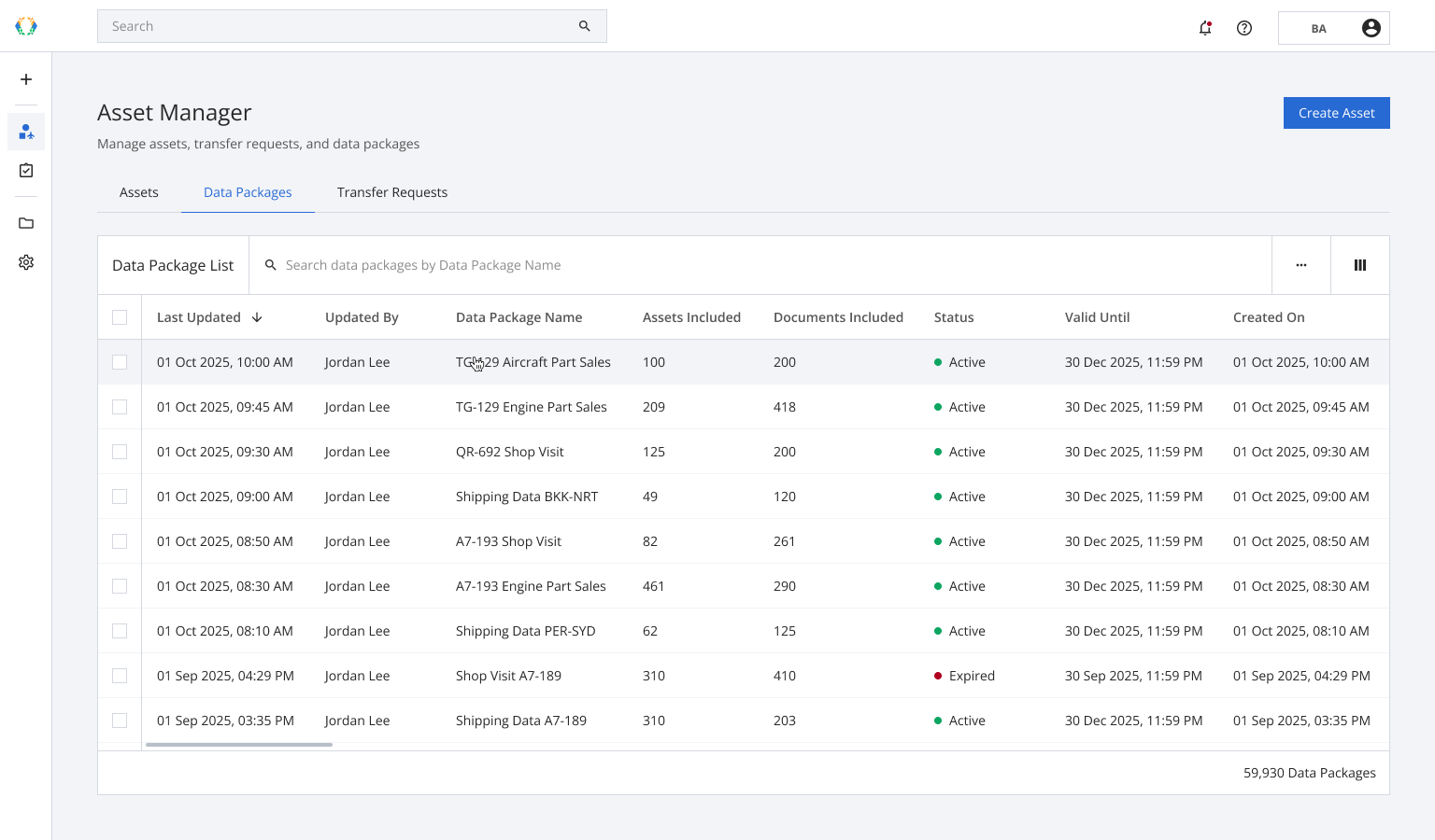 Data Package List in Block Aero Asset Manager, showing verified data packages with status, assets included, and documents for buyers, regulators, and lessors