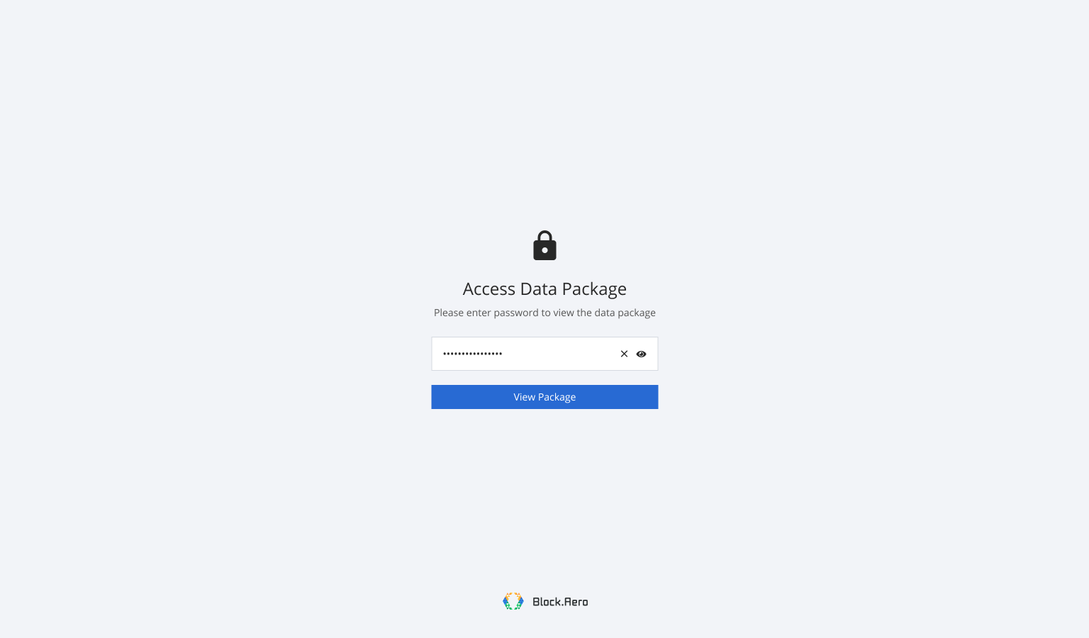 Receiver view of a shared data package in Block Aero, showing verified documents available to a counterparty